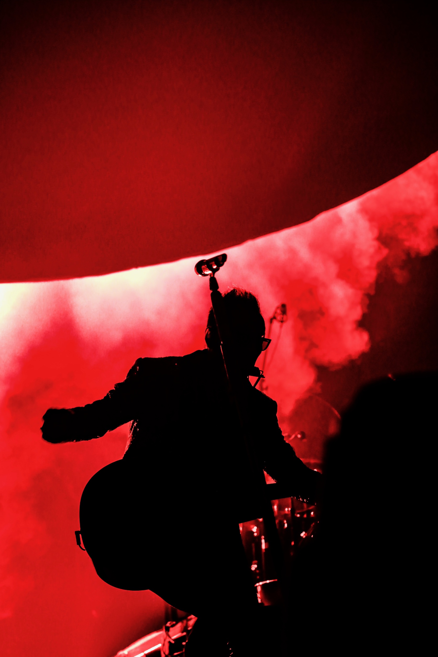 赤い光の中でギタリストのシルエット