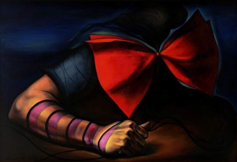 赤いリボンと拳を持つ人物