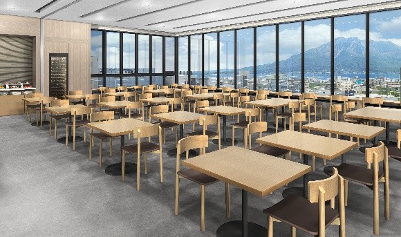 山の見える広いカフェテリア