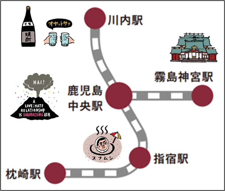 鉄道路線図、鹿児島中央駅と名所イラスト