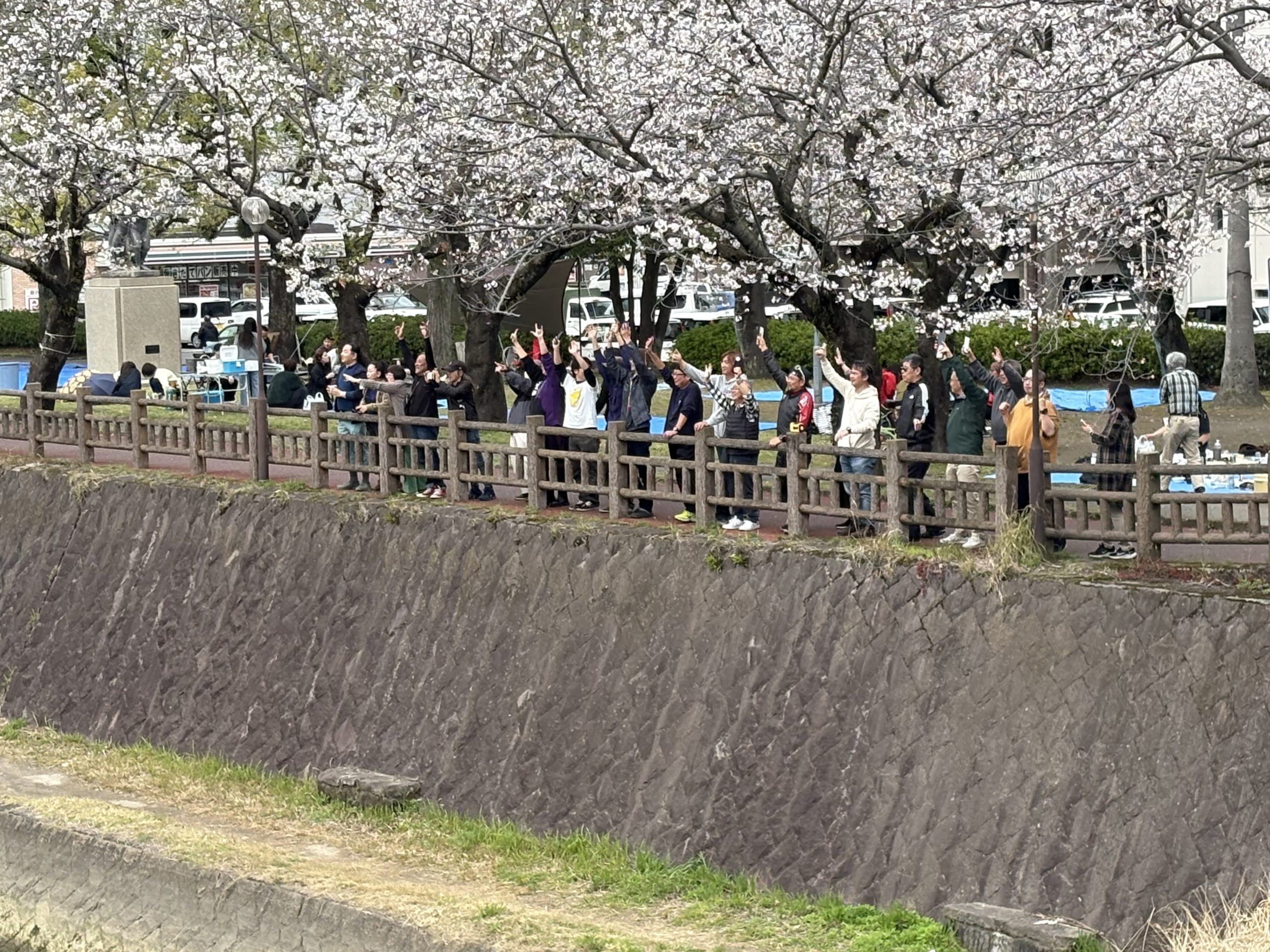 川沿いで花見をする人々