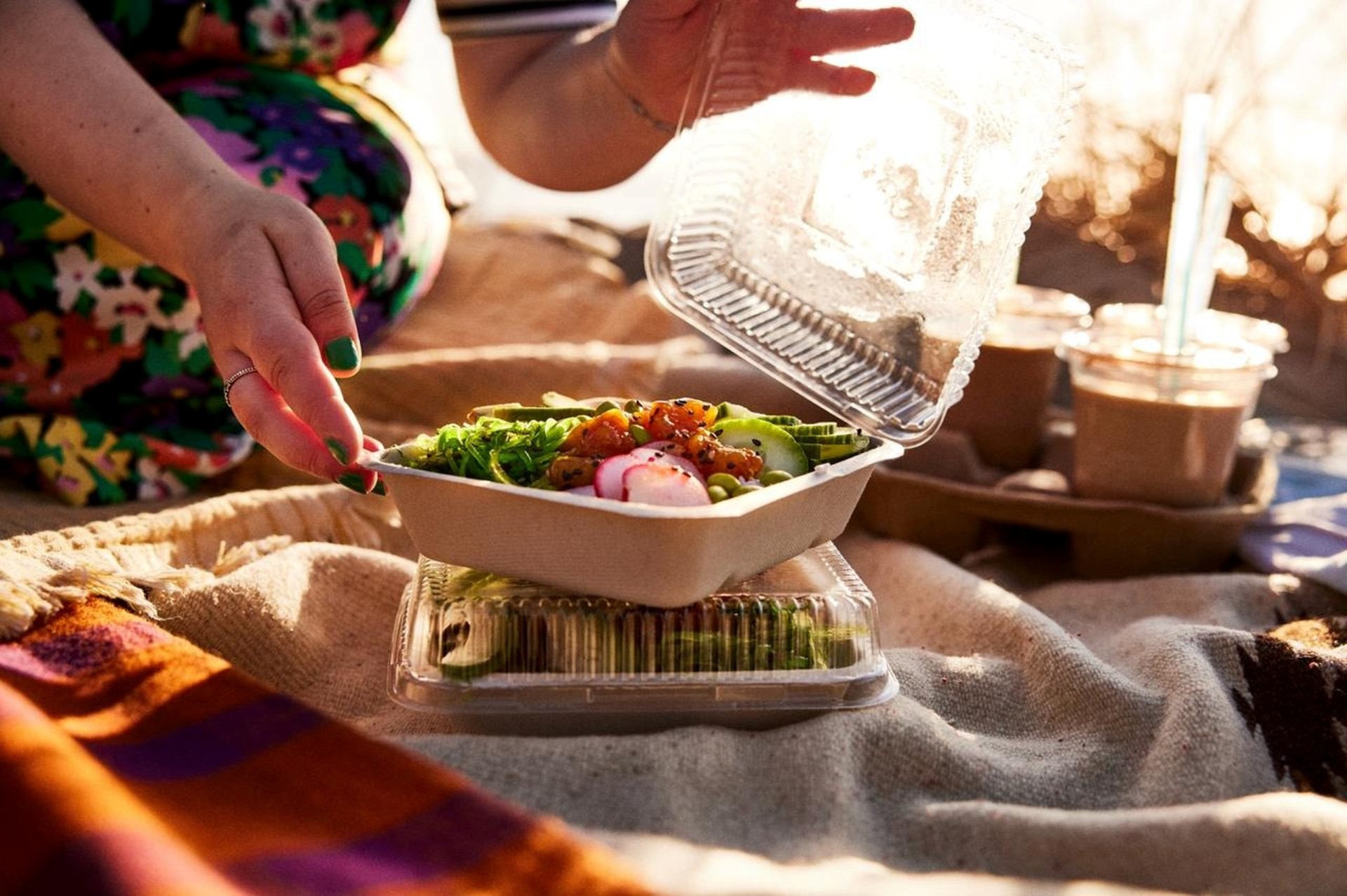 ピクニックのサラダボウルと飲み物