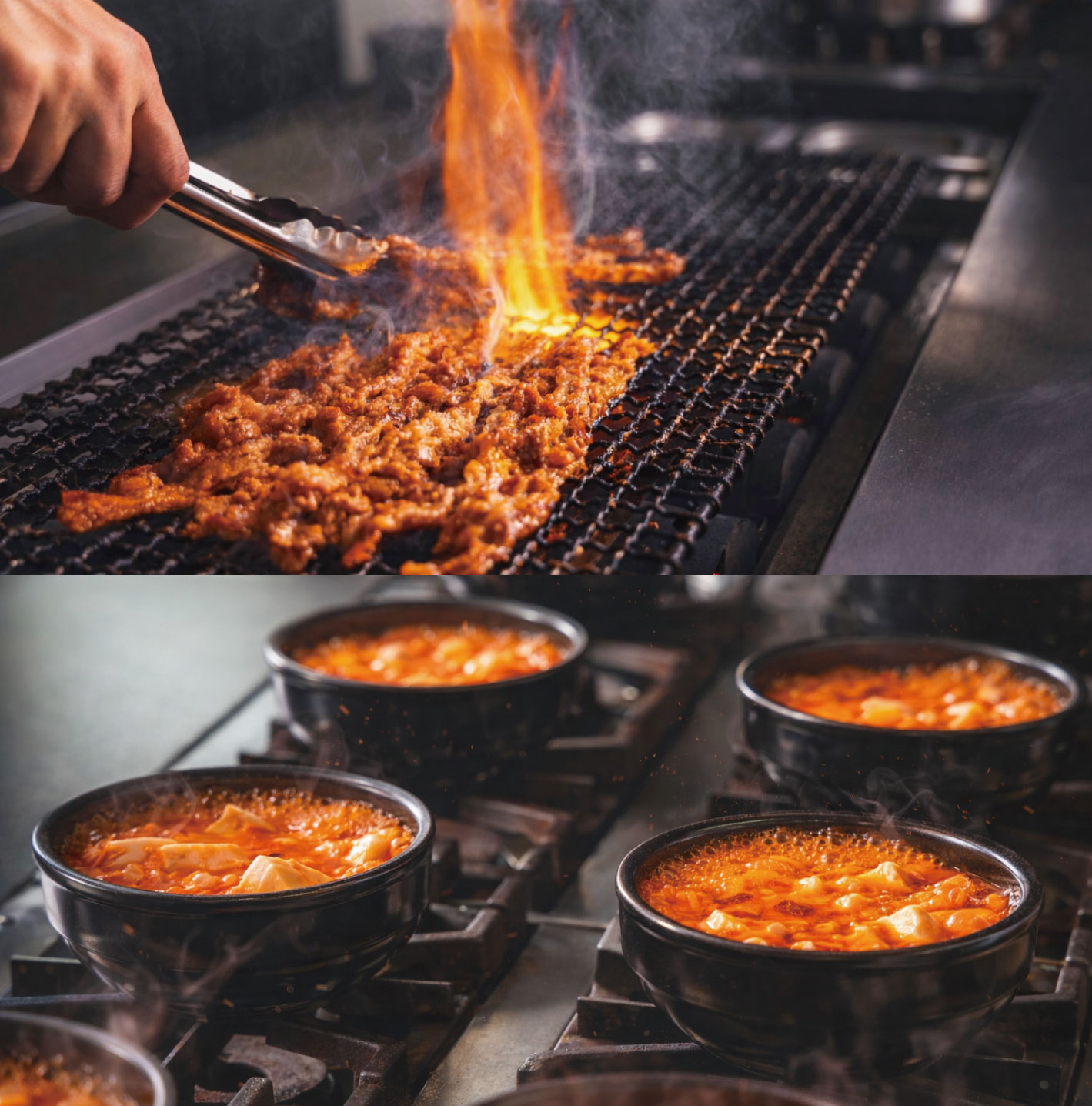 焼き肉とスンドゥブチゲの調理風景