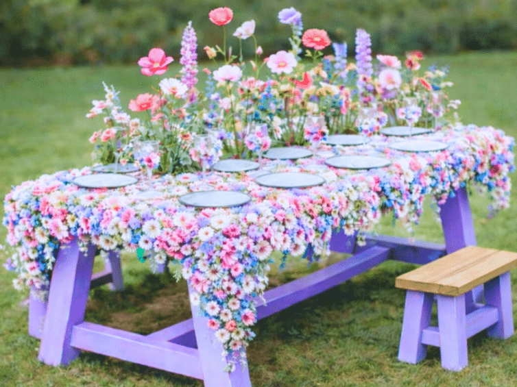 花で装飾されたピクニックテーブル