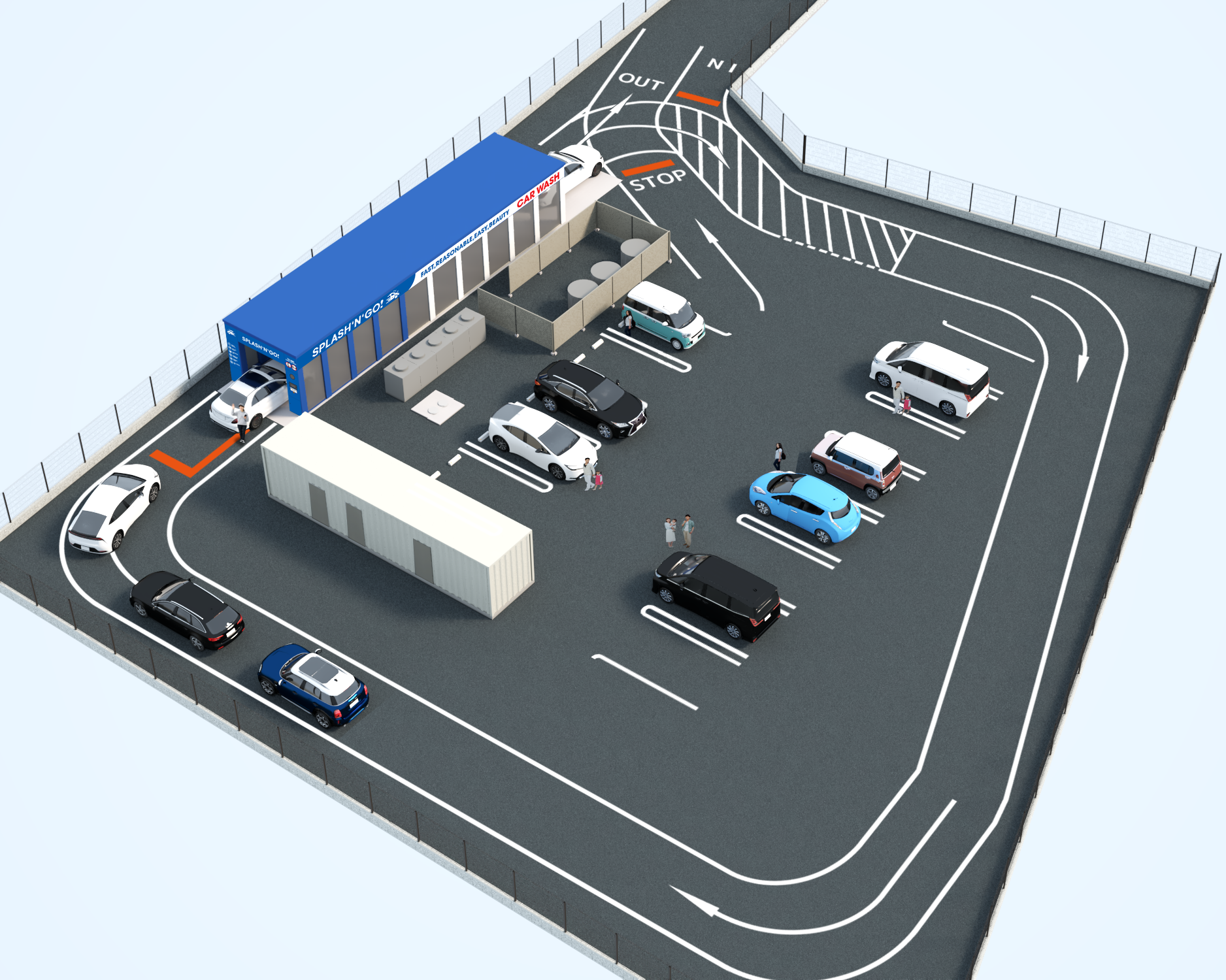 駐車場の車と洗車場