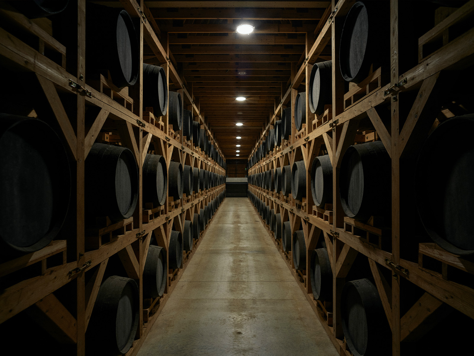 ワイン樽が並ぶ貯蔵庫の通路