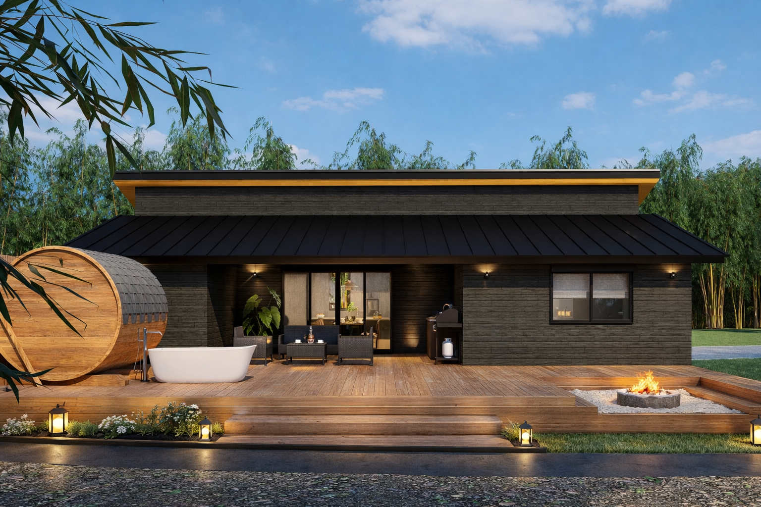 モダンな露天風呂とサウナのある家